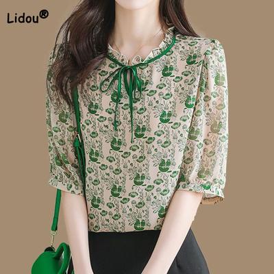 Elegante Temperament Bedruckte Chiffonbluse für Damen Sommermode Allround Kurzarmhemd Sommer Damenbekleidung