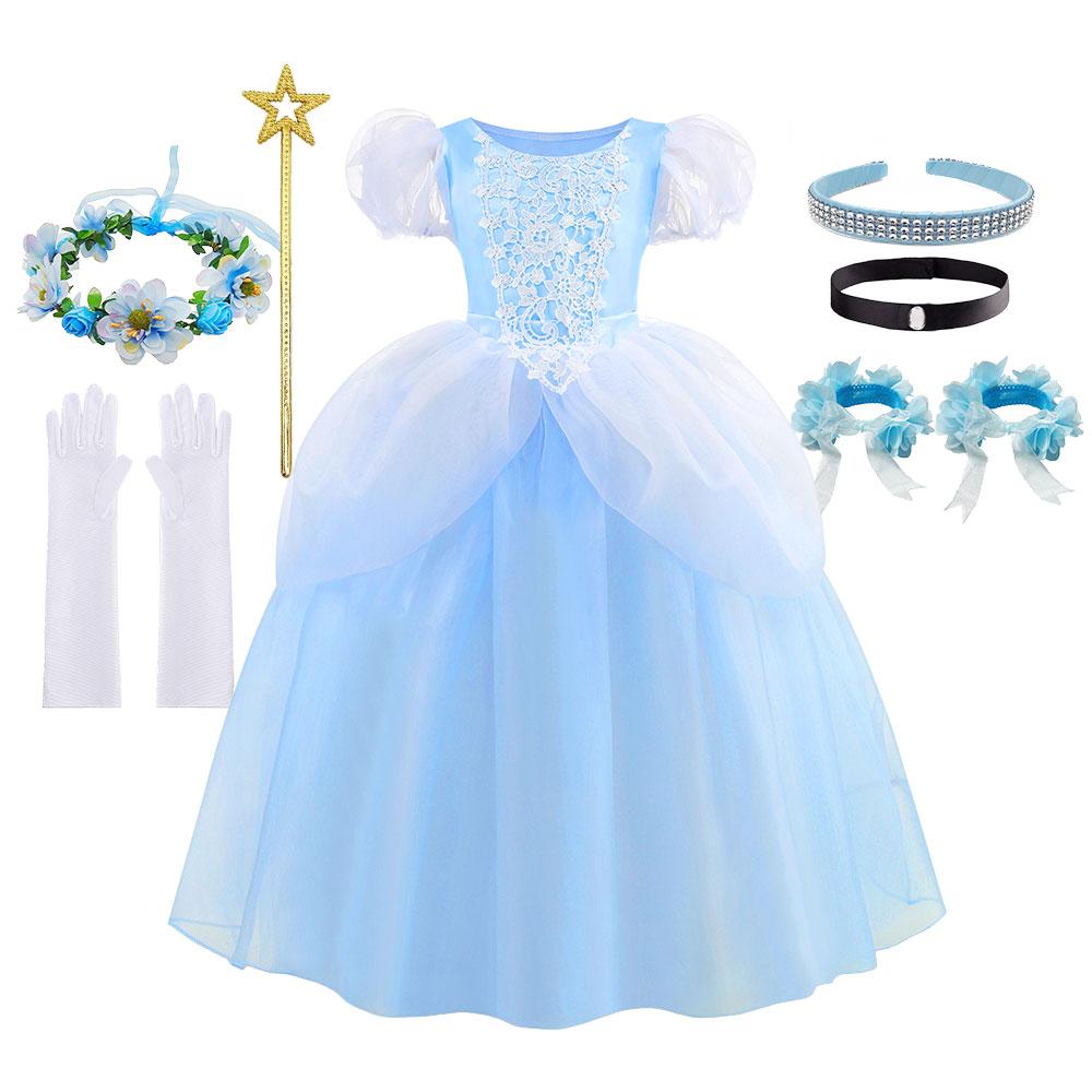 Classic Cendrillon Costume Deluxe Lace Dress Birthday Party Role Play Princess Pretend Fairy Tale Grace Ball Gown for Kids