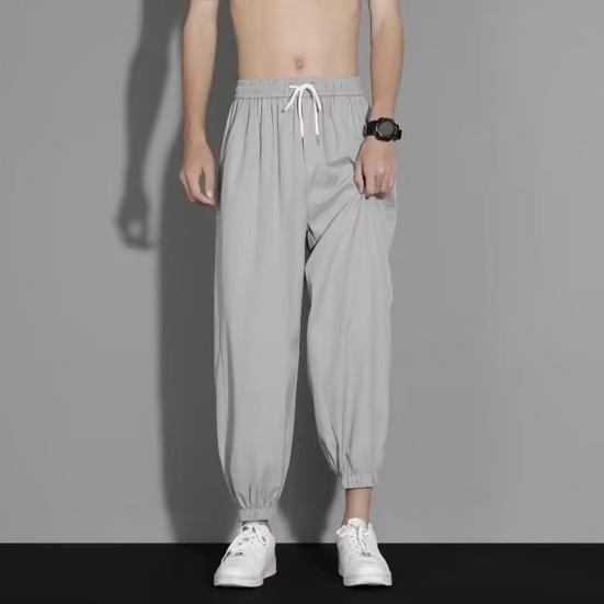 Men Pants Ice Silk Straight Thin Side Pockets Drawstring Elastic Waist Plus Size Quick-drying Solid Color Quick Dry Gym