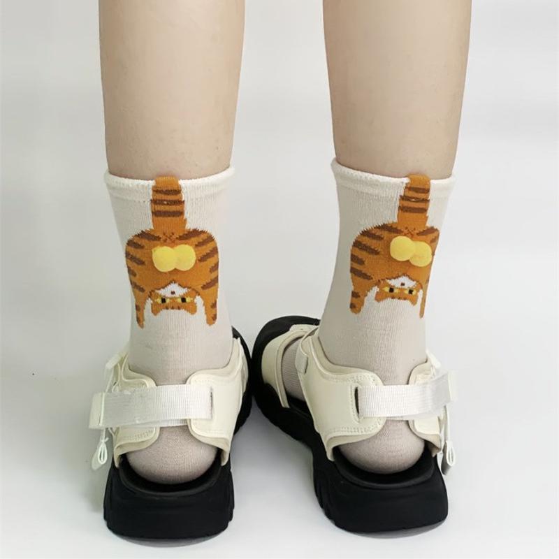 1Pair Cartoon Cute Cat Dog Balls Cotton Socks Kawaii Cat Dog Tinkerbell Egg Print Middle Tube Sock Female Lolita Knitting Socks