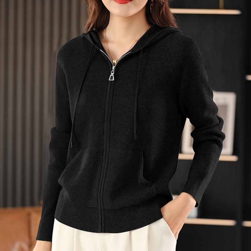 Autumn Winter Zipper Open Cardigan Sweater Women Loose Bottom Hat Knitted Wear Age Reduction Base Layer Hooded Outerwear