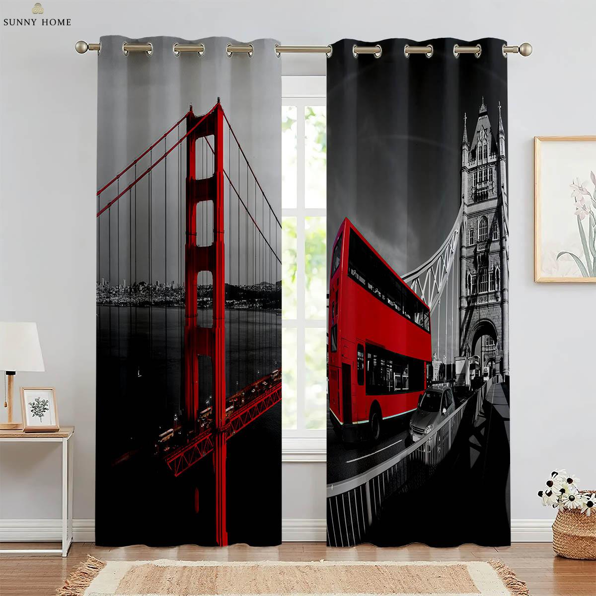 

Black And White Vintage Building Red Bus 3D Print Printing Curtain Bedroom Space Living Space Kitchen Area Study Room Ornamental Curtain W50xH140(CM)x2PCS&Grommet Top