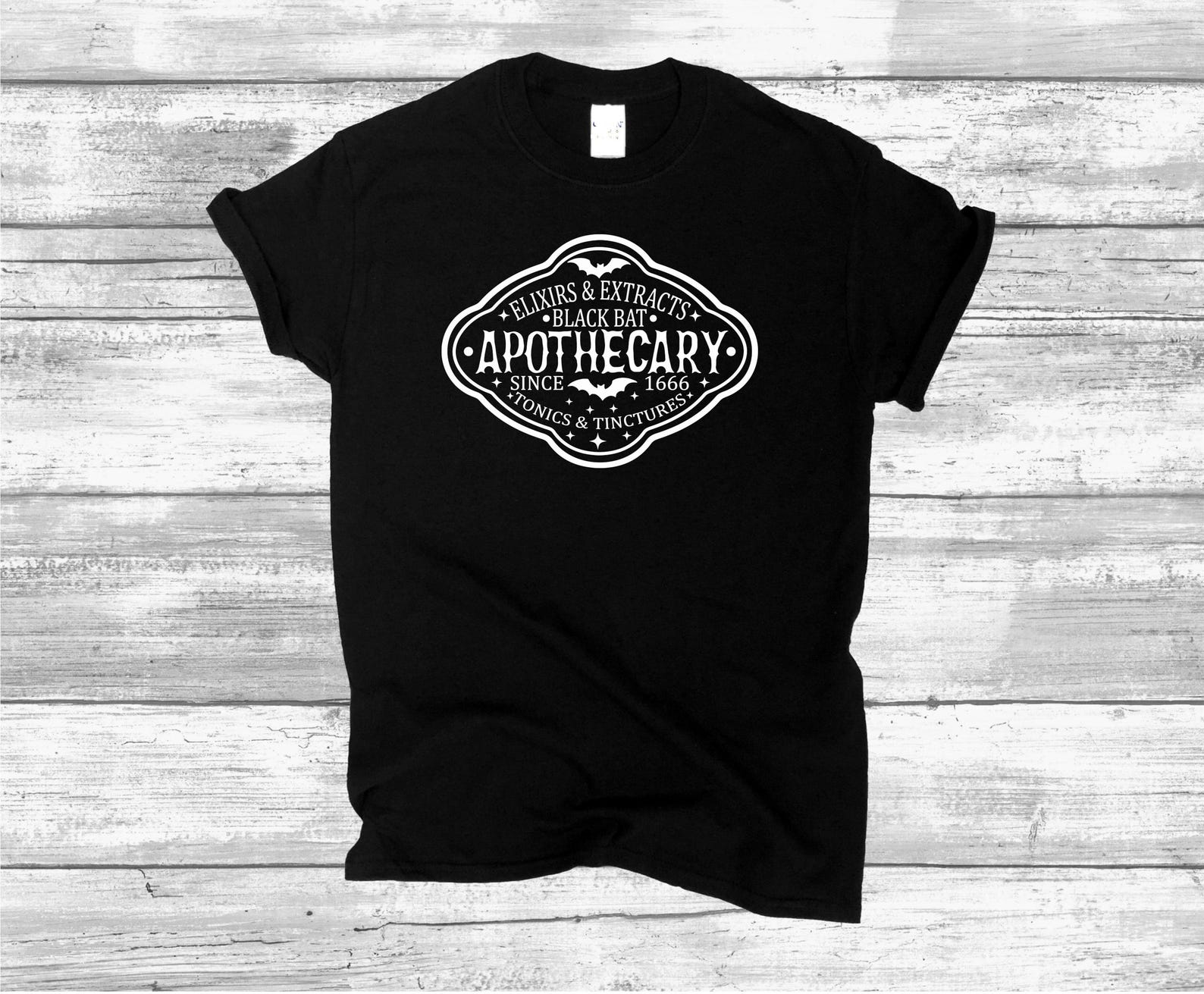 Black Bat Apothecary Graphic T shirt, Helloween Gift, Sorcerers Tee S