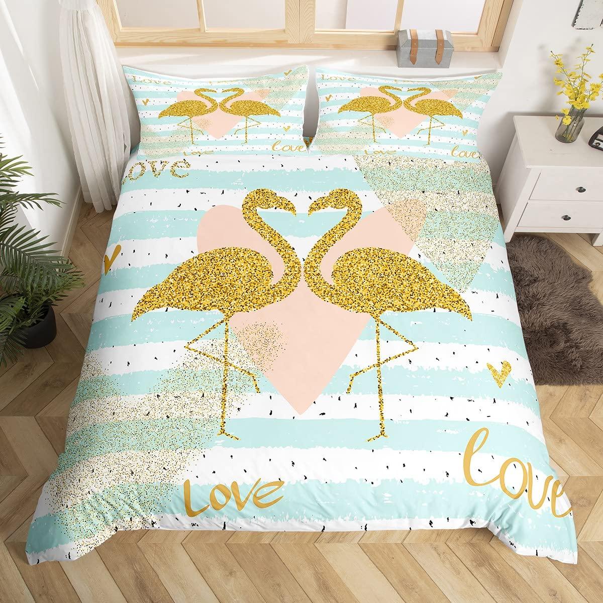 

Пододеяльник Фламинго Зеленые Пальмовые Листья Цветы Принт Чехол для Одеяла Кинг для Девочек Женщин Романтический Постельный Комплект с 2 Наволочками EU Single(135x200cm)