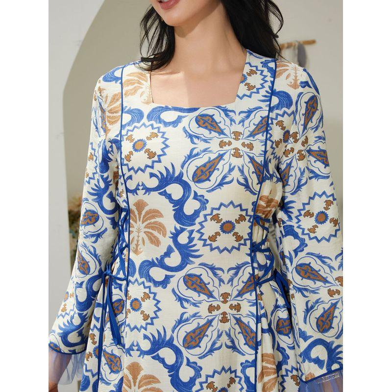 Western Style New Fashion Casual Square Collar Print Dress Square Collar Printed Dress