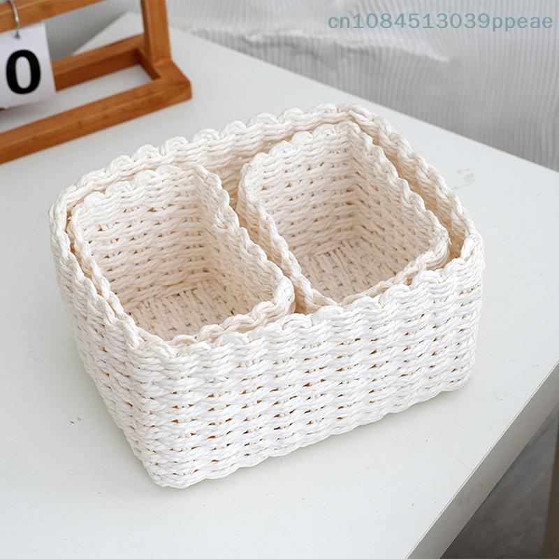 3 Pcs Handmade Straw Woven Soft Round Paper Rope Storage Basket For Organizing Decorative Storage Bins Office Storage Box