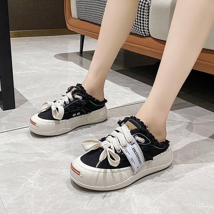 Foreign trade baotou half slippers 2025 summer new muffin platform front lace-up fashion casual sports canvas shoes