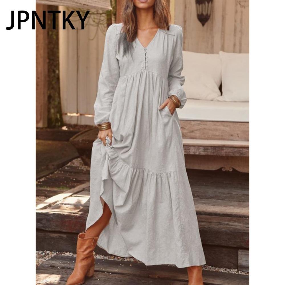 JPNTKY Women's Cotton Maxi Dress Long Sleeve Ruffle Pocket