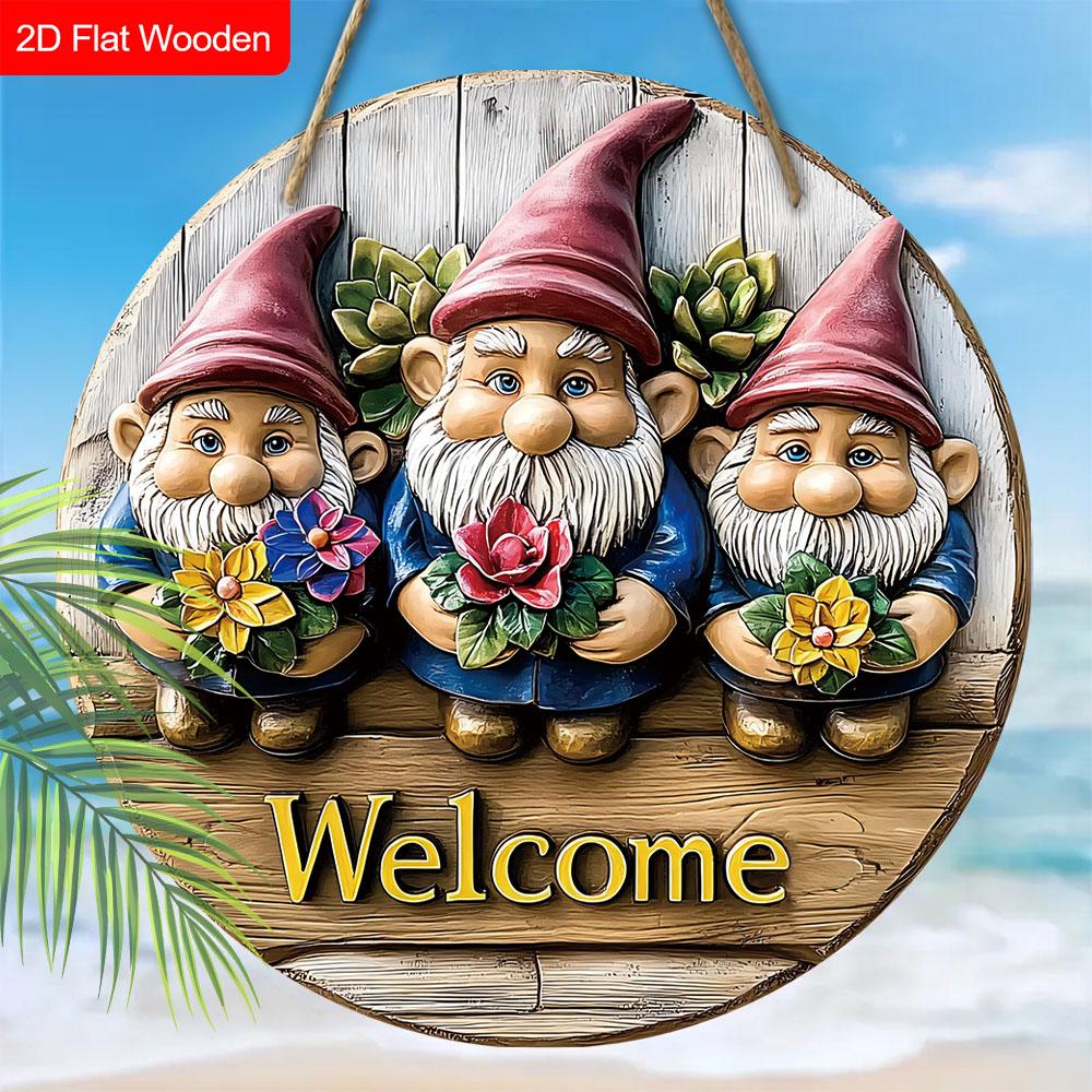 Wooden Welcome Sign with Adorable Gnome & Lavender Pattern - Round Artwork for Front Door, Wall Hanging Decor - Ideal Home Decoration