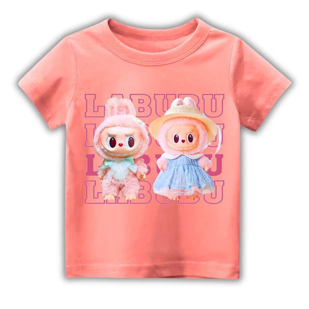 Summer LABUBU Pattern Children's T-shirt Cartoon Princess Skirt Labubu Printed Girl Round Neck Short Sleeve Casual Children's Top