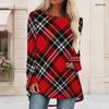 Women Plus Size Red Plaid Printed Round Neck Long Sleeve Loose Fit High Low Hem T Shirt