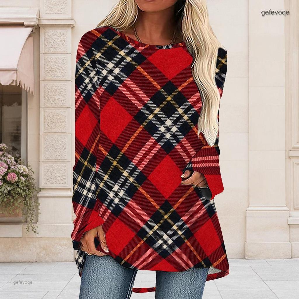 Women Plus Size Red Plaid Printed Round Neck Long Sleeve Loose Fit High Low Hem T Shirt