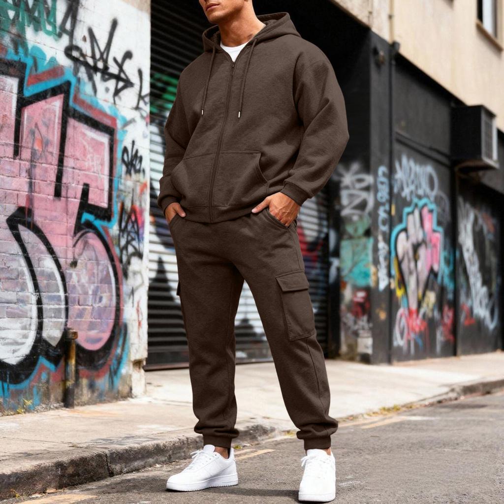 Men's Fleece-Lined Thermal Two-Piece Tracksuit | Color Hooded Sweatshirt Jacket & Elastic Waist Cargo Joggers For Casual Outdoor