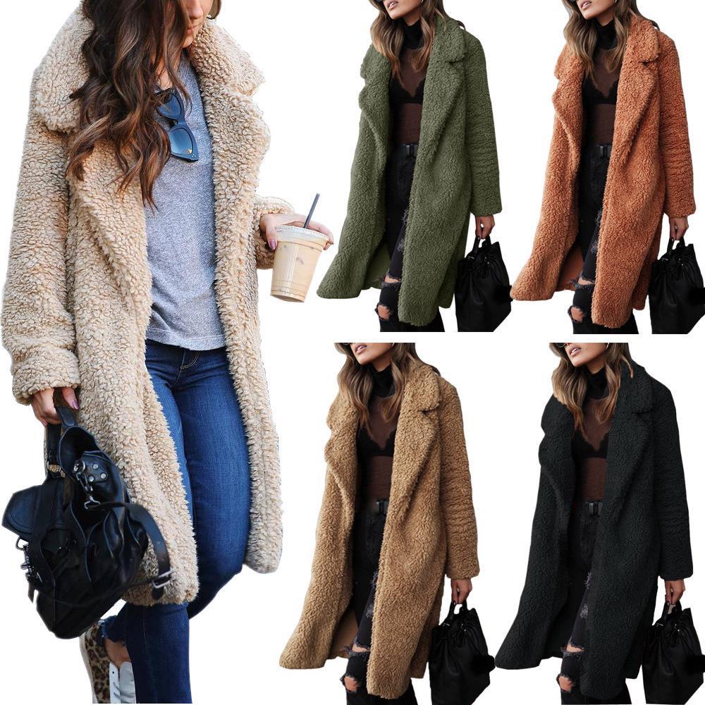 Fall Winter Pure Color Woolen Coat Women Lapel Fleece Mid-length Woolen Coat