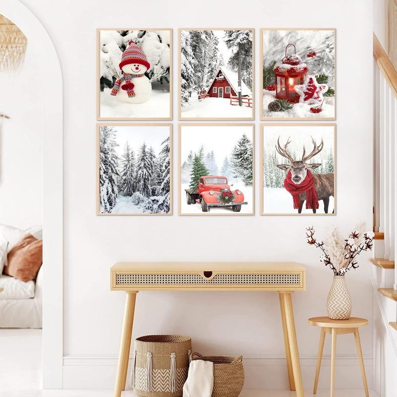 6pcs Santa Claus and Snowman Wall Art Canvas Painting Nordic Winter Snow Scene Prints Poster Living Room Bedroom Christmas Decor