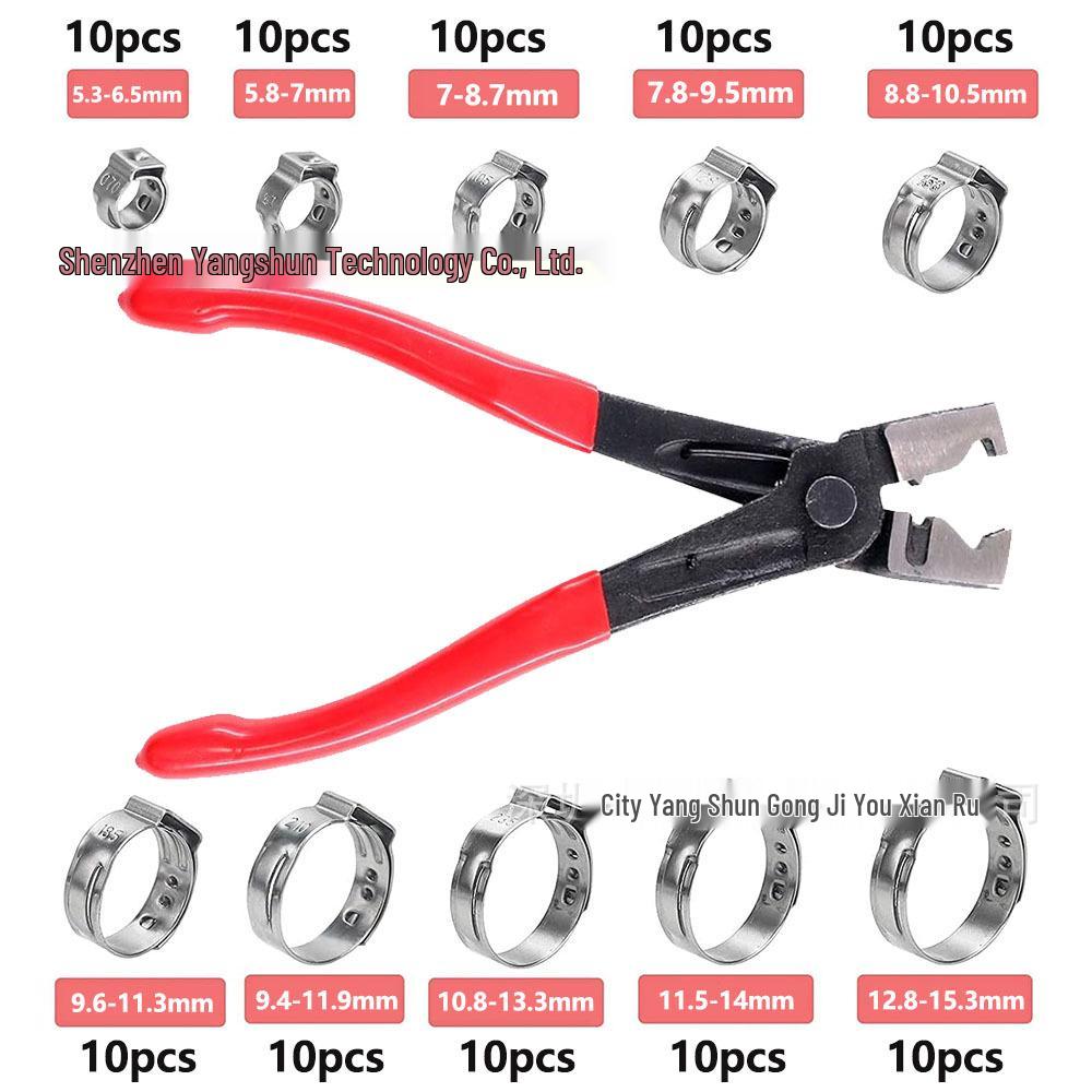 100-Piece Set: 304 Stainless Steel Single Ear Stepless Hose Clamps (5.3-15.3mm) with Pliers