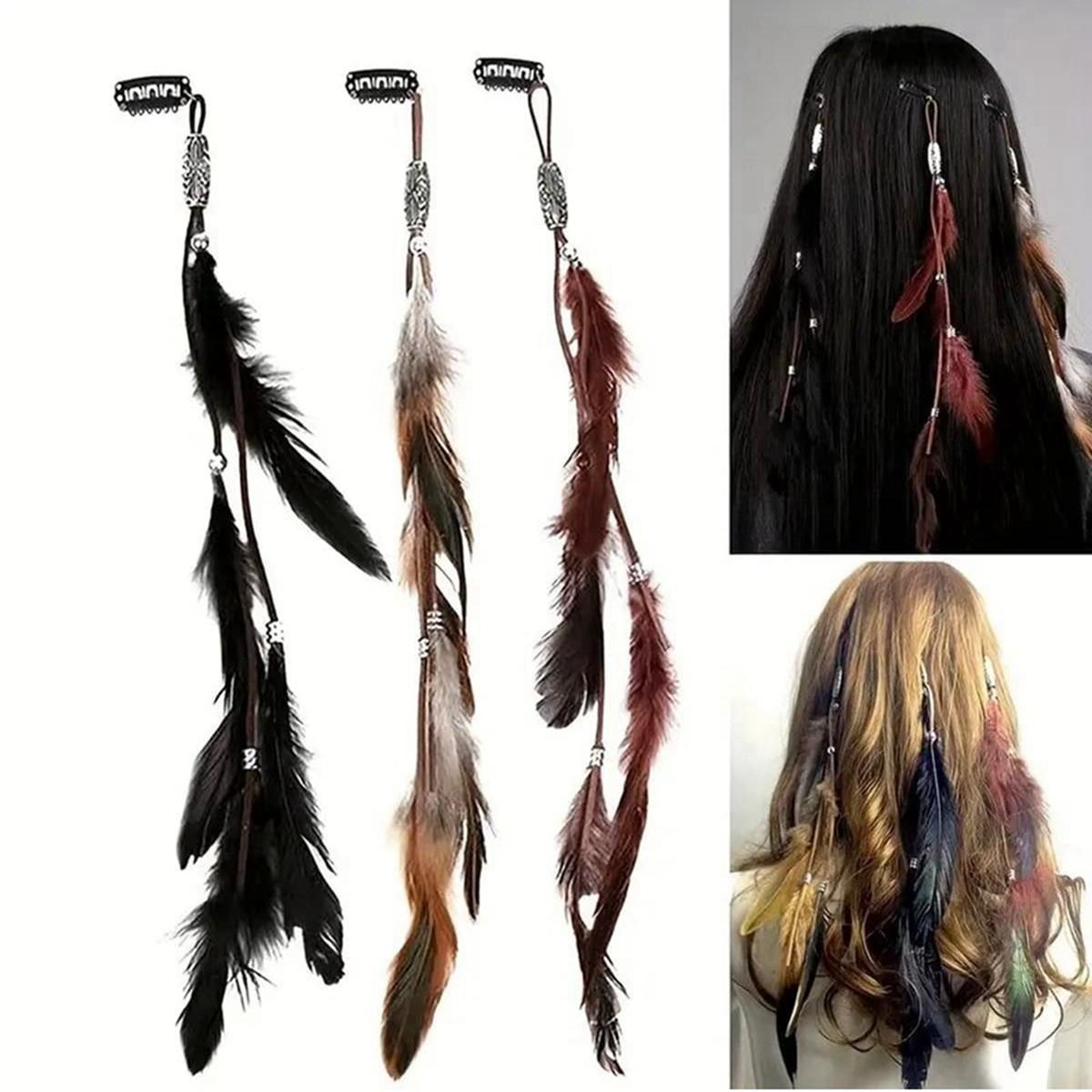 

3/6 Pieces of Vintage Bohemian Tassel Hair Clips with Faux Feather Hairpins for Women, Black Accessories Suitable for Parties, Balls, Oversea