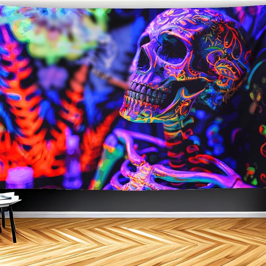 CJSLIFEART Blacklight Skull Tapestry Percussion Small Concert Fluorescent Starry Sky Bedroom Tapestry Background Wall Decoration