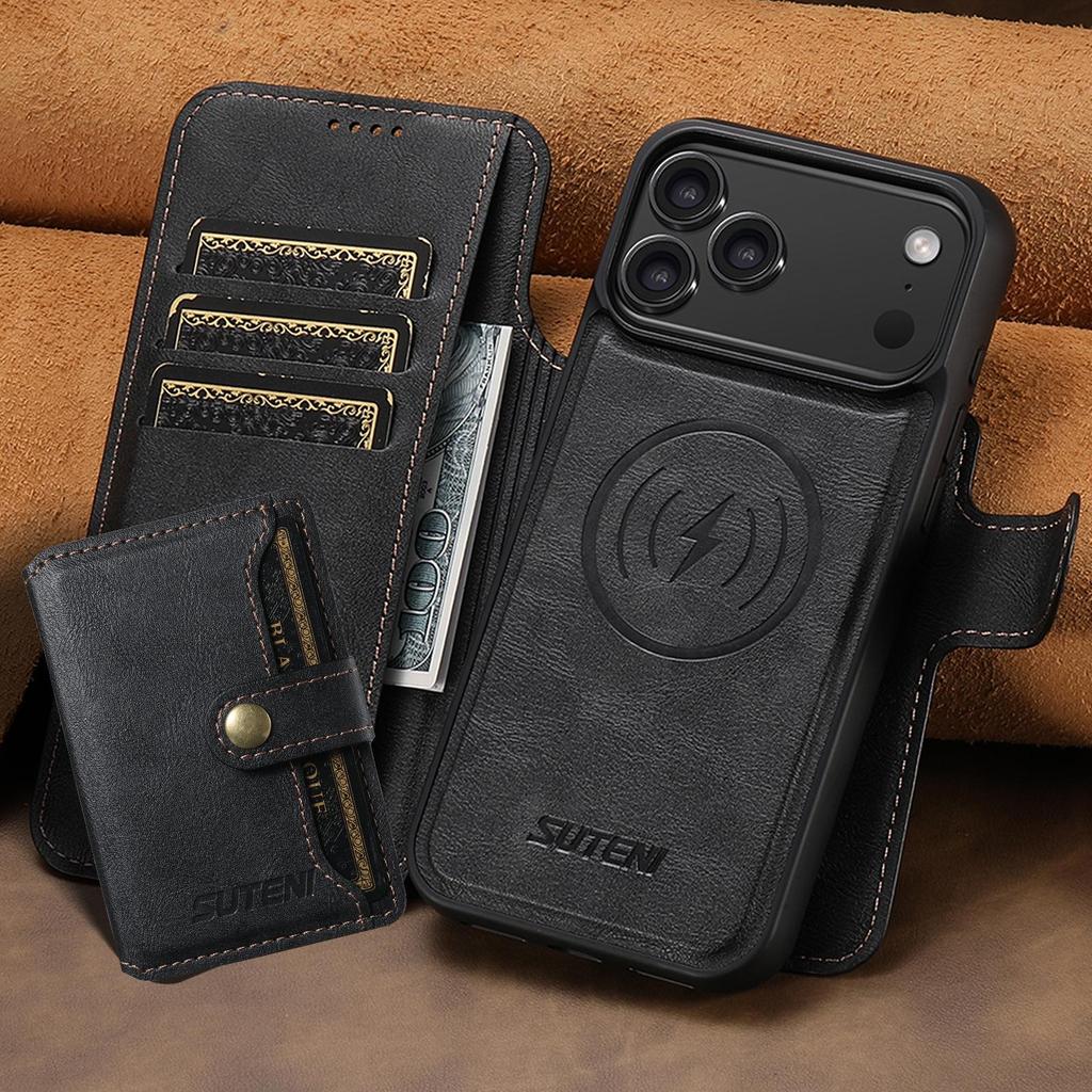 iPhone 17PM Leather Flip Case with Card Slot, Magnetic Snap, Wireless Charging Stand