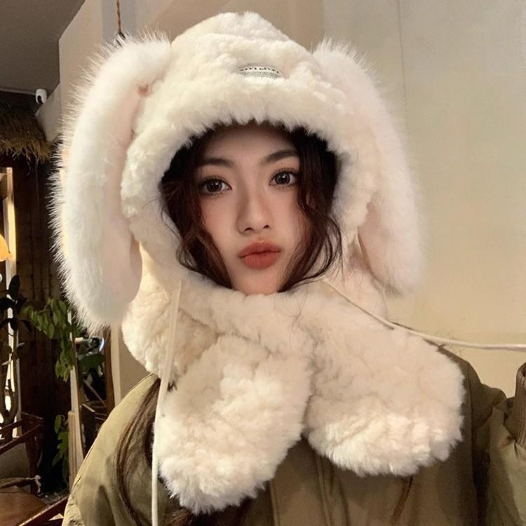 Niedliche Plüsch-Hasenohrmütze für Damen im Herbst und Winter, verdickte koreanische Version, die das Gesicht klein zeigt, warm und vielseitig, Schal-Mütze mit Ohrenschutz