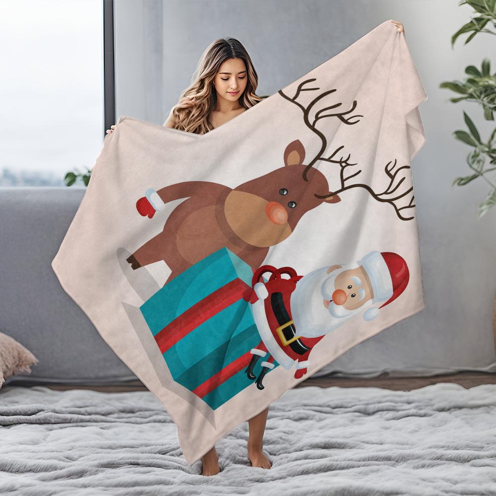 Santa Claus Reindeer Christmas Blanket Cozy Throw Soft Warm Holiday Home Decor Gift Festive Flannel Bedspread Kids Room Decor