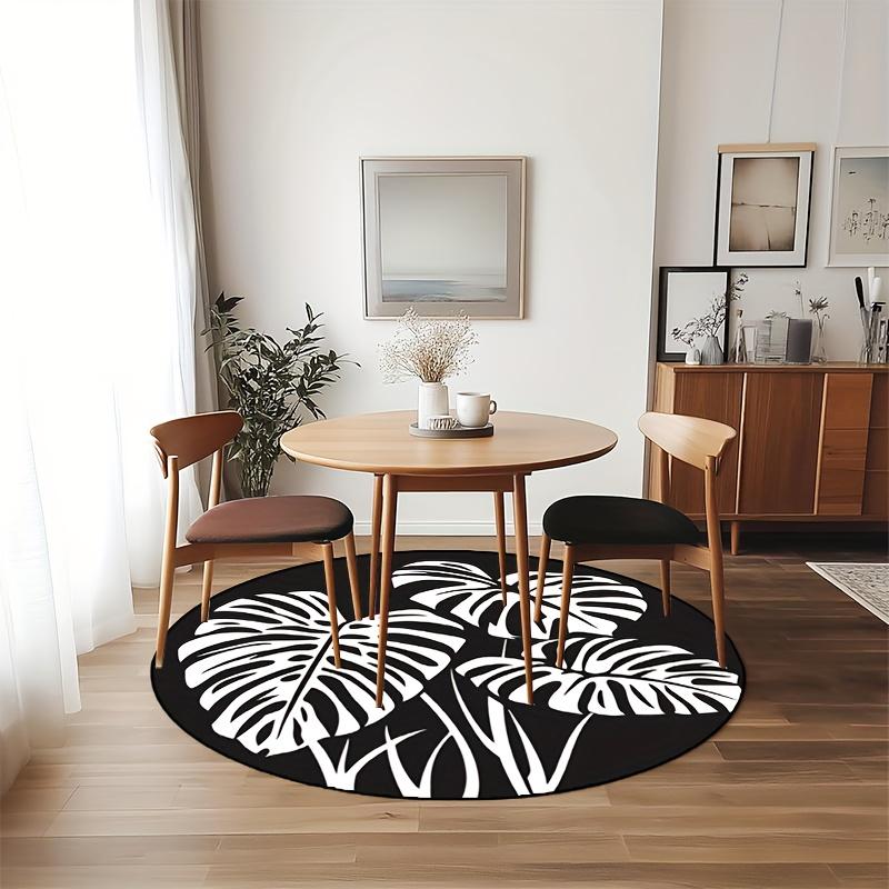 1pc Non-slip Round Mat - Machine Washable, Black with White Tropical Leaves Pattern, Suitable for Living Room, Bedroom