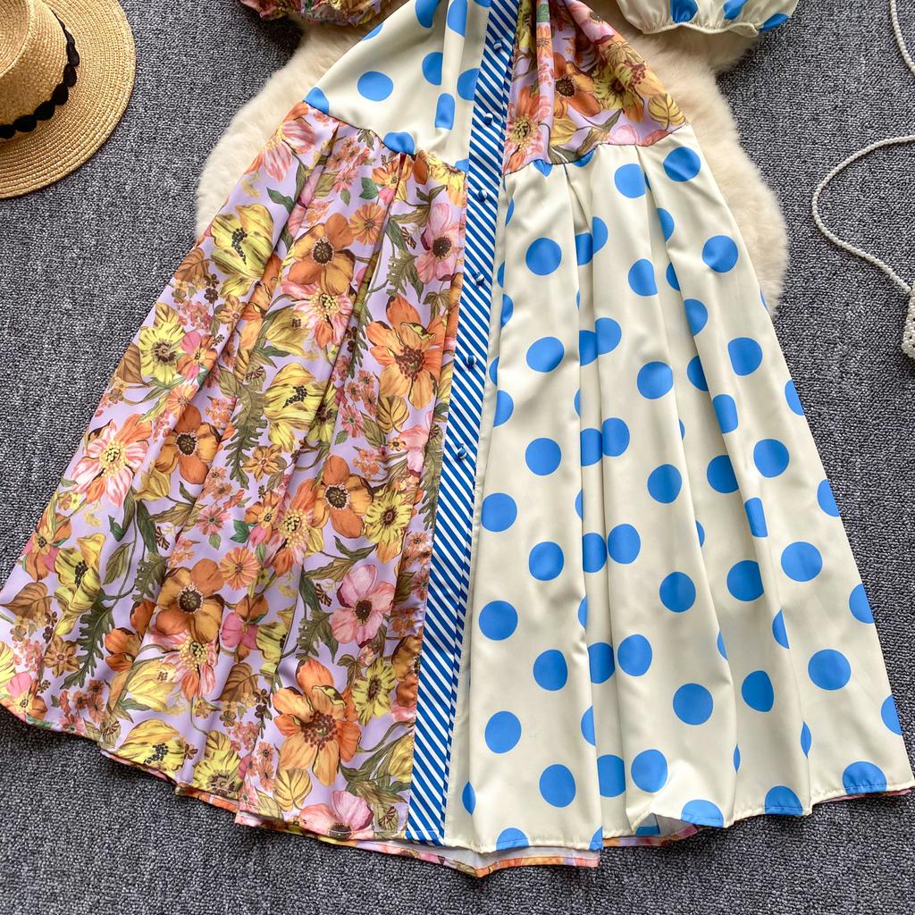 Summer Elegant Midi Patchwork Dress for Women Lapel 3/4 Sleeve Wave Point Breasted Female Design Vestidos New In 2024 Chic