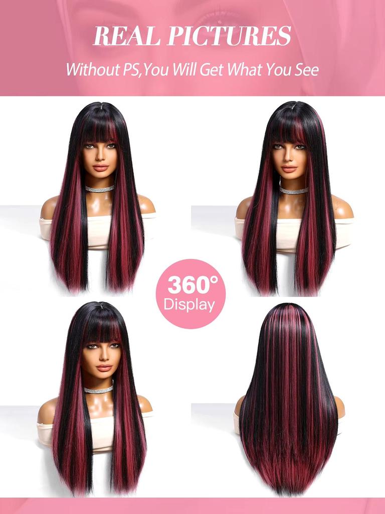 ALAN  EATON Brown Black Highlight Watermelon Red Synthetic Wig Long Straight Multicolor WIg with Bangs Hollywood Cosplay Wig For Women Party