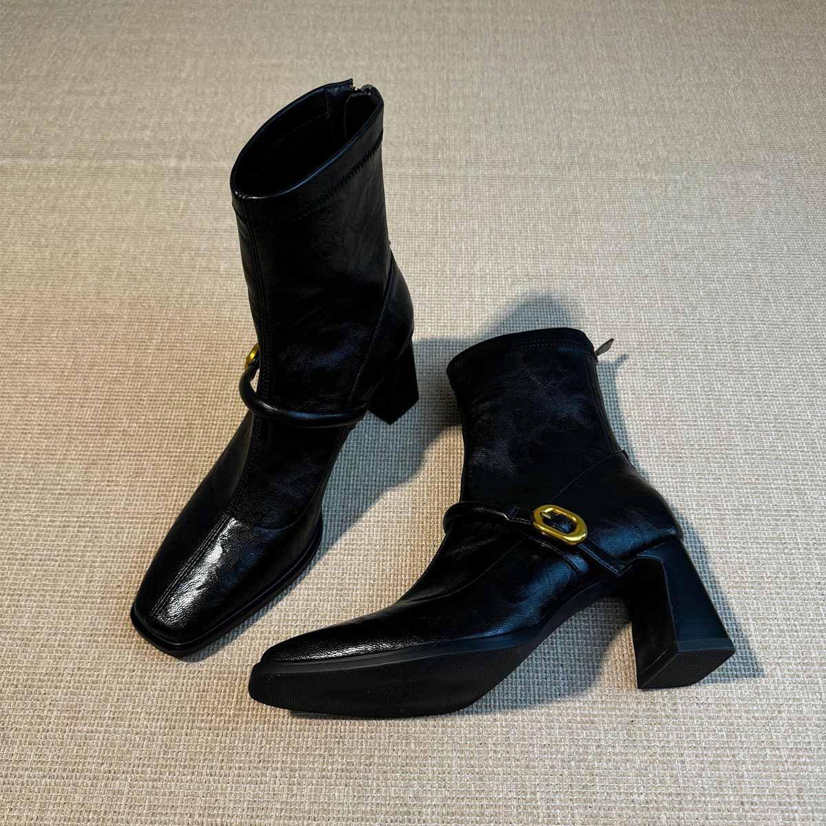 Square Head High Heel Skinny Boots Thick Heel Back Zipper Short Boots Elastic Fashion Boots 35