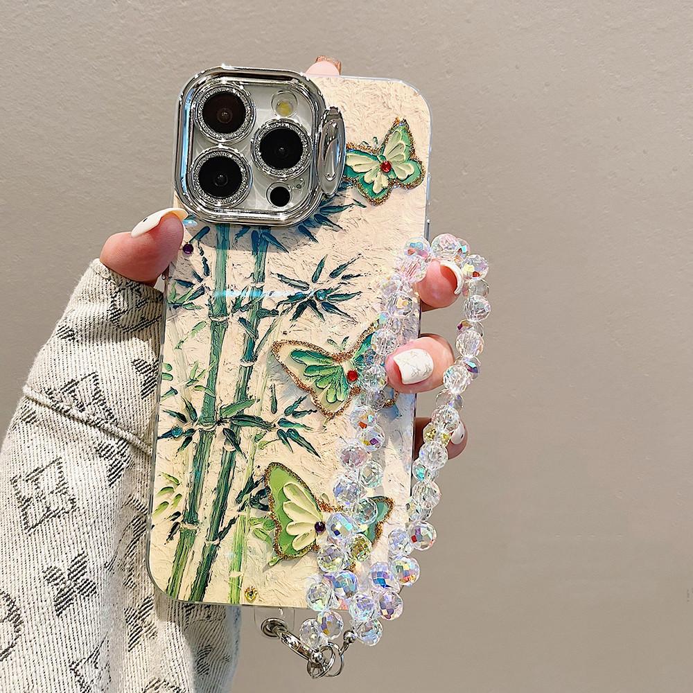 with Invisible lens bracket protective film Phone Case For iPhone 15 14 Plus 11 12 13 Pro Max 12pro 14pro Green Bamboo Butterfly Pattern Back Cover