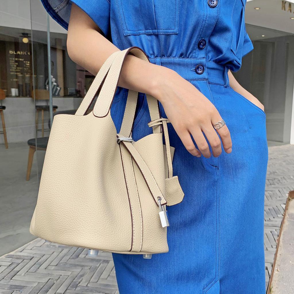 Damenhandtasche Togo-Leder Farbabstimmung Gemüsekorb Große Kapazität Handtasche Rindsleder Litschi-Muster Tasche Damen Kontrastfarbe Handtasche