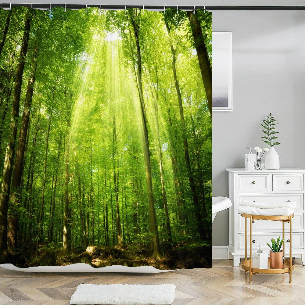 Natural Scenery Shower Curtain Set Forest Waterfall Spring Landscape Home Bathtub Decor Waterproof Polyester Bathroom Curtains