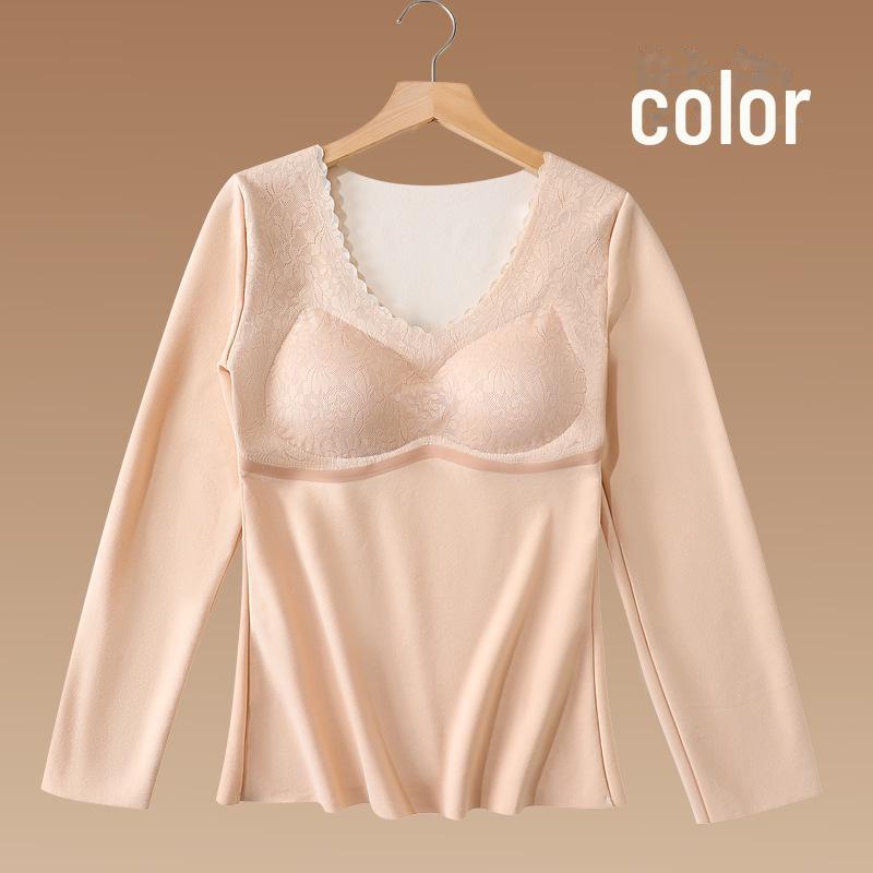 Damen Thermo-Oberteil langärmlig: Deutscher Samt, Spitze, Doppelseitig, Nahtlos mit eingebautem Brustpolster für den Herbst