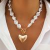 European and American jewelry, fashion love hollow pendant collarbone chain, simple flat beaded pearl necklace set