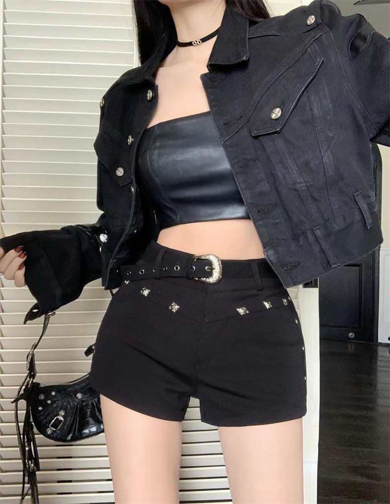 2025 Summer Rivet High Waist Slimming Casual Shorts for Women - American Style Straight Leg Outerwear