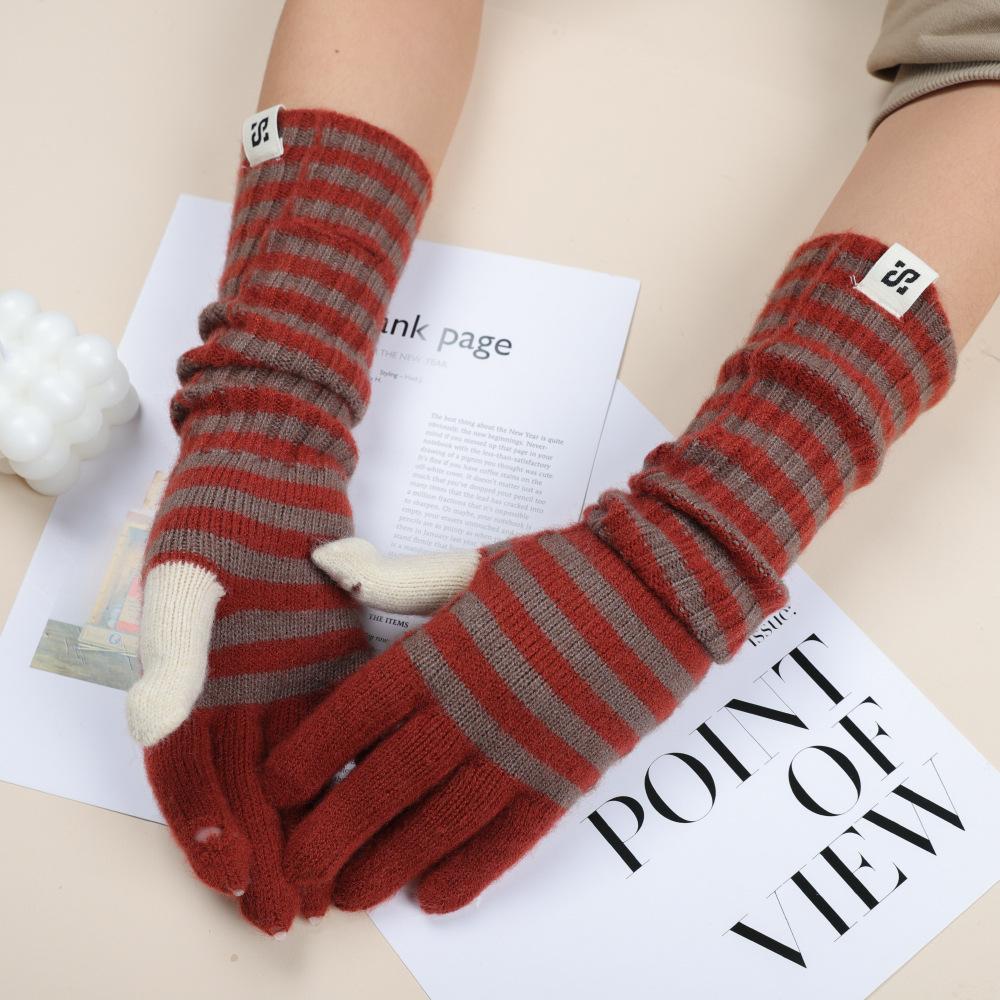 

Korean Version of Extended Color-blocked Knitted Gloves for Women s Stripes Retro Versatile Autumn and Winter Outdoor Warm Finger Wool Gloves for Men average size