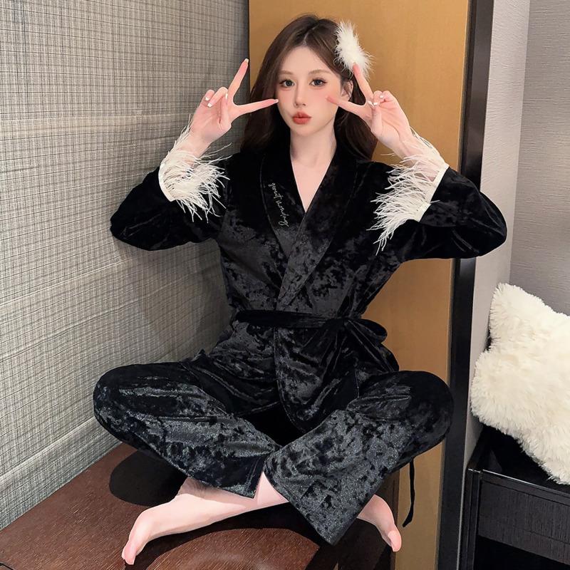 Herbst und Winter Feder Stil Gold Diamant Dunkel Gestreift Samt Pyjama Damen Zweiteiliges Hausanzug Pyjama Set