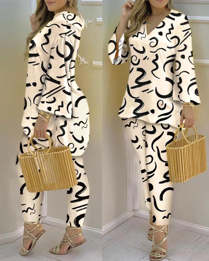 2023 Spring Women's European & American V-Neck Long-Sleeve Fashion Set