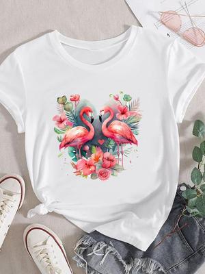 (Taille asiatique) Femmes fleur flamant tendance mignon années 90 à manches courtes mode vêtements décontracté t-shirt femme imprimé dame t-shirt haut graphique T-shirts