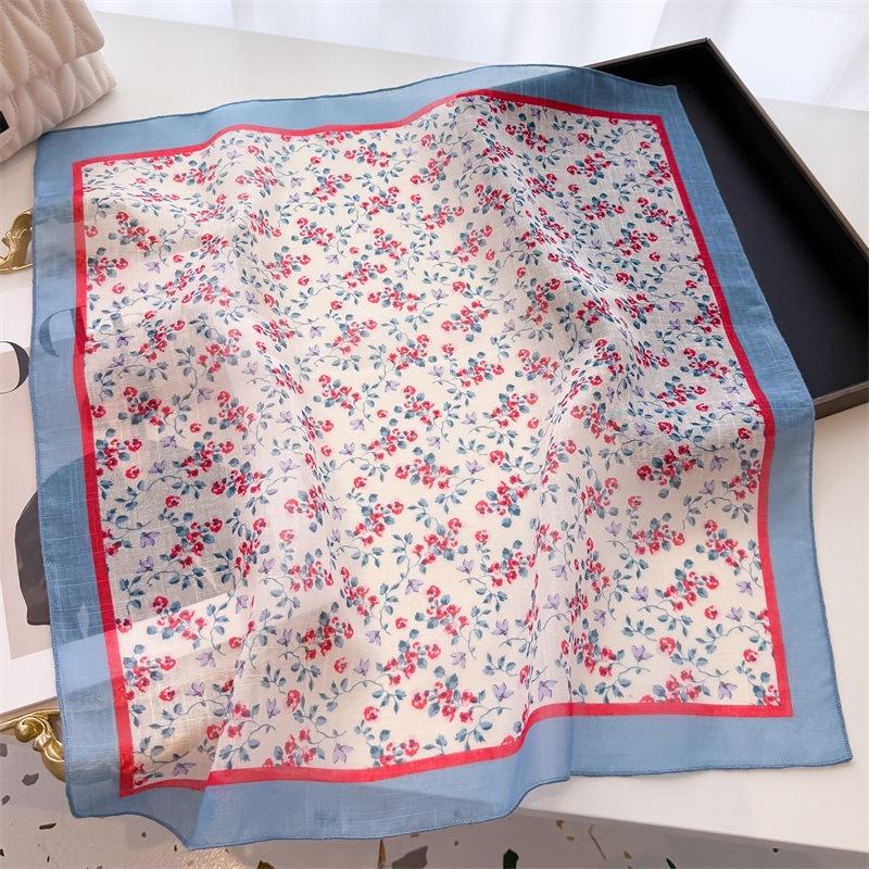 2025 Hot Selling New Countryside Floral Print Fresh Flower Cotton Linen Square Scarf Shawl Fashionable Headscarf