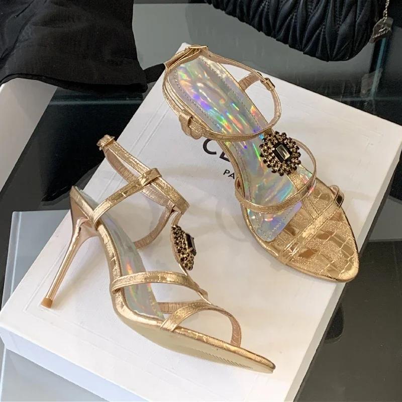 Brand Designer Heels for Women Luxury Rhinestone Narrow Strap Summer Thin Heeled Sandals Elegant Party Naked Strap High Heels