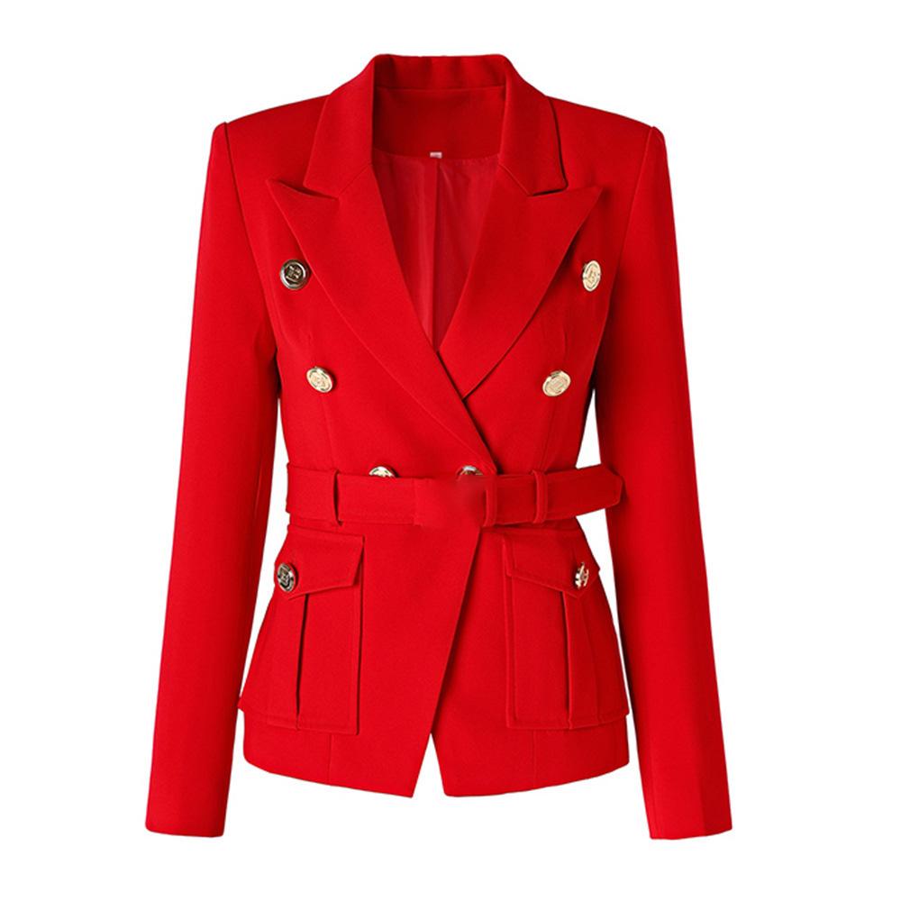 Blazer da Ufficio Stile Classico Bianco Nero da Donna con Tasche e Cintura