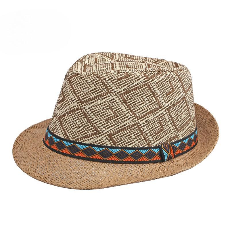 British Retro Straw Fedora Hat for Men Women Summer Sun Protection Jazz Hat Geometric Woven Beach Cap Fashion Ethnic Trilby Hat