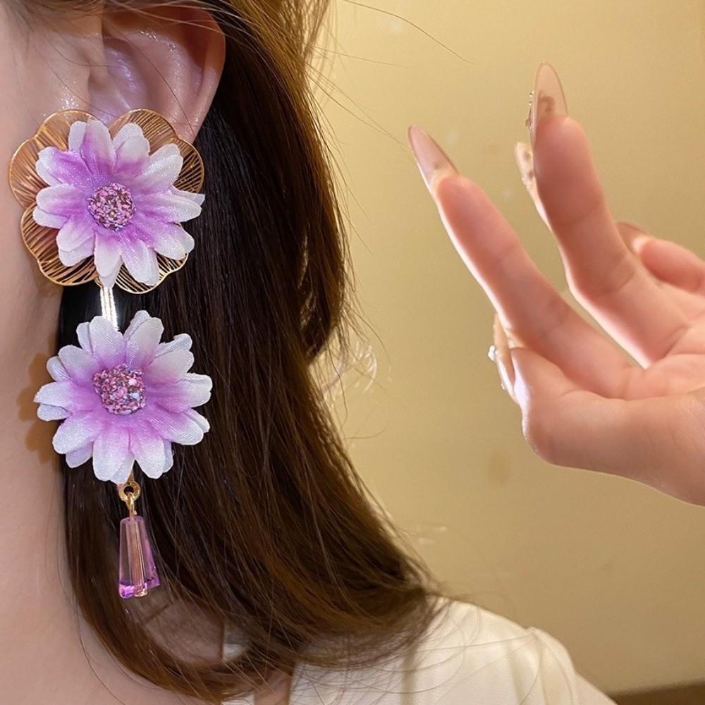 Sweet Fabric Flower Earrings Colorful Crystal Drop Earrings Floral Pendant Earrings Gift