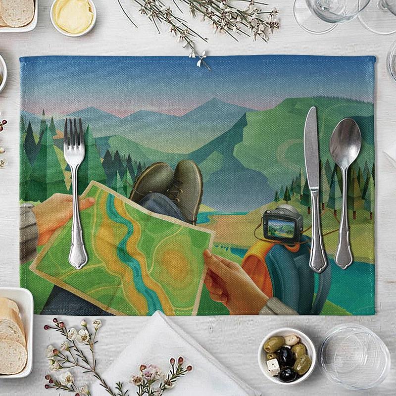 

Cartoon Pastoral Beach Scenery Pattern Placemat Linen Fabric Table Mats Family Dinner Tableware Kitchen Table Mat 30x45cm1pcs