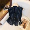 Summer Retro Striped V-Neck Sleeveless Single-Breasted Knitted Vest For Women