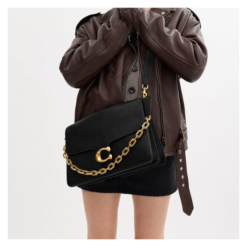 Coach ChainTabby 35 Branded Gold Chain Leather Shoulder Bag Large Women's Black