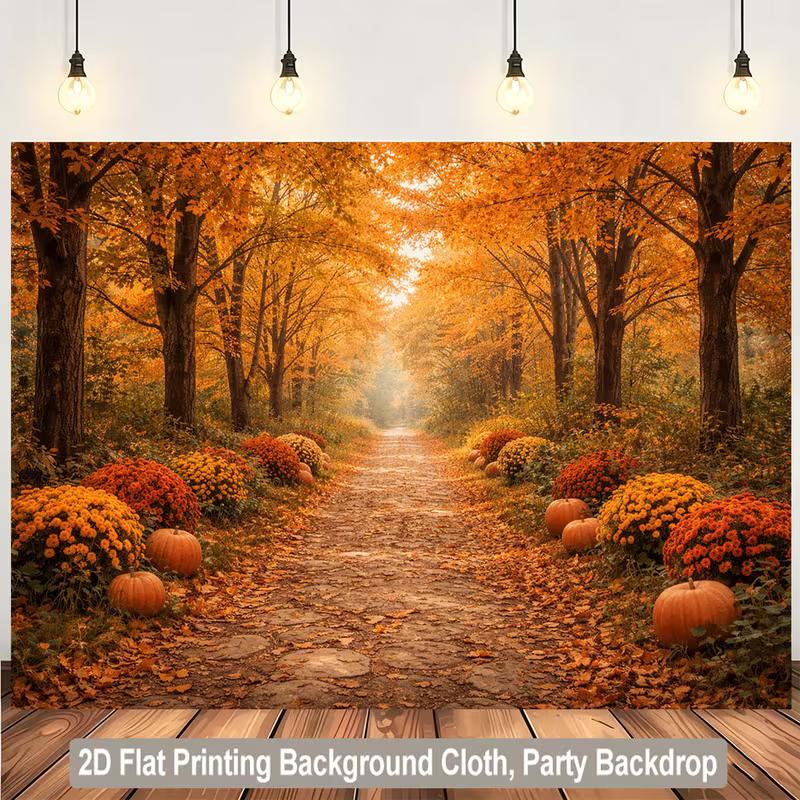2D Warm Autumn Path with Pumpkins & Flowers Backdrop Photo Background