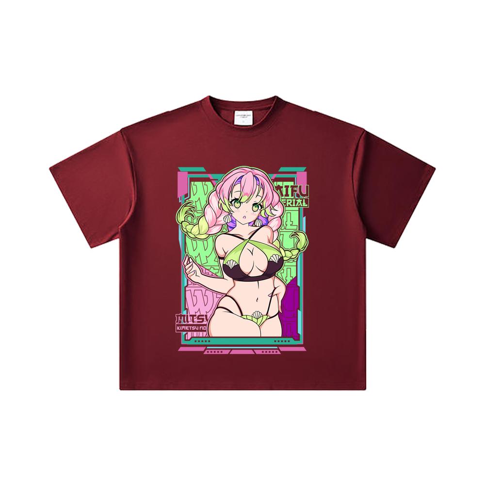 

260 GSM Double Yarn 32 Count 100% Cotton Demon Slayer V53 Mitsuri Waifu Print Unisex Heavy Cotton T Shirt 2XL вина червоного кольору