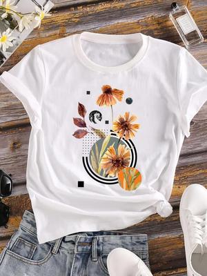 (Asian Size)  Tee Women Clothing Geometric Trend Cute Plant Casual Top Short Sleeve T Shirt Fashion Print Lady Female Graphic T-shirts